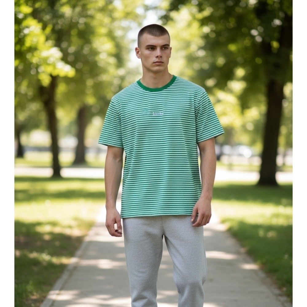 Denim & Flower Ricky Singh Green White Striped Lucky Semi Fitted Tee T-Shirt M